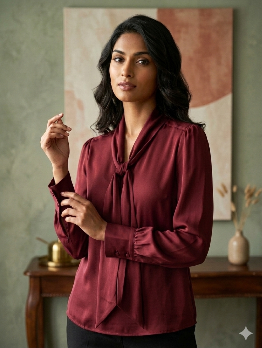 100% Silk Judith and Charles Size 2 Women's Rust Tie-Neck Long Sleeve Blouse